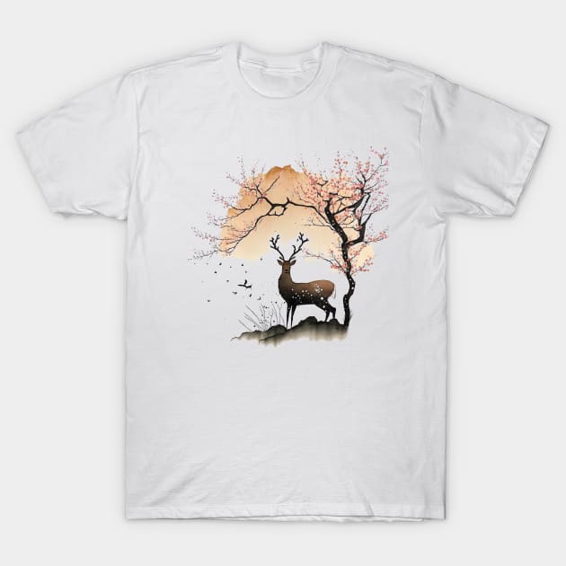 Sumi-e Style Nara Deer and Sakura T-Shirt by geekmethat